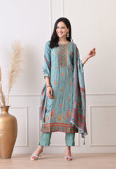 Green Pure Banarasi Silk Embroidered Suit- Set of 3