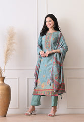 Green Pure Banarasi Silk Embroidered Suit- Set of 3