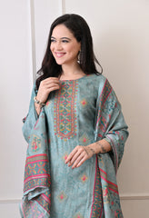 Green Pure Banarasi Silk Embroidered Suit- Set of 3