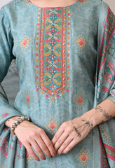 Green Pure Banarasi Silk Embroidered Suit- Set of 3