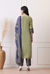 Green Cotton Patch Work Suit- Set of 3