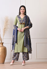 Green Cotton Patch Work Suit- Set of 3