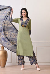 Green Cotton Patch Work Suit- Set of 3