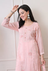 Peach Pure Crepe Hand Embroidered Suit- Set of 3