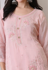 Peach Pure Crepe Hand Embroidered Suit- Set of 3