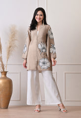 Beige Roman Silk Patch Work Co-ord Set- Set of 2