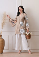 Beige Roman Silk Patch Work Co-ord Set- Set of 2