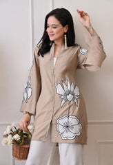 Beige Roman Silk Patch Work Co-ord Set- Set of 2