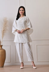 Cream Cotton Vertical Silk Hand Embroidered Co-ord Set- Set of 2