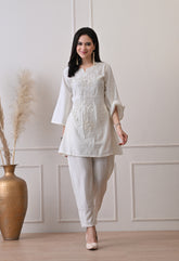 Cream Cotton Vertical Silk Hand Embroidered Co-ord Set- Set of 2