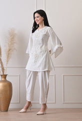 Cream Cotton Vertical Silk Hand Embroidered Co-ord Set- Set of 2