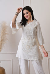 Cream Cotton Vertical Silk Hand Embroidered Co-ord Set- Set of 2