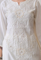 Cream Cotton Vertical Silk Hand Embroidered Co-ord Set- Set of 2