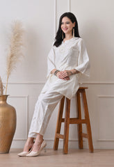 Cream Cotton Vertical Silk Hand Embroidered Co-ord Set- Set of 2