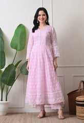 Pink Pure Mul Cotton Chikankari Suit- Set of 3