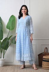 Blue Pure Mul Cotton Chikankari Suit- Set of 3