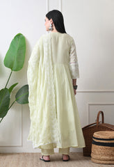 Lime Green Pure Mul Cotton Chikankari Suit- Set of 3