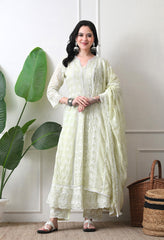 Lime Green Pure Mul Cotton Chikankari Suit- Set of 3