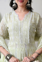 Lime Green Pure Mul Cotton Chikankari Suit- Set of 3