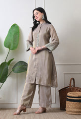 Beige Premium Tissue Silk Sequin-embroidered Kurta Set- Set of 2