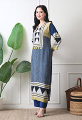 Blue Muslin Abstract Print Kurta with Pants- Set of 2