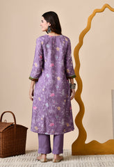 Luxurious lavender Muslin Silk Set with Banarasi patch work Neckline and Tassels - Set of 2