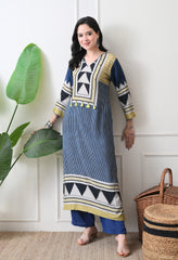 Blue Muslin Abstract Print Kurta with Pants- Set of 2