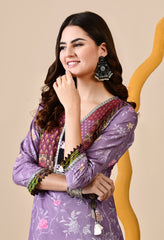 Luxurious lavender Muslin Silk Set with Banarasi patch work Neckline and Tassels - Set of 2