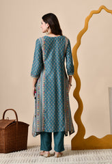 Luxurious Blue Muslin Silk Set with Brocade Banarasi Neckline and Tassels - Set of 2