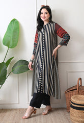 Black Muslin Abstract Print A-line Kurta with Pants- Set of 2