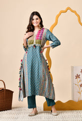 Luxurious Blue Muslin Silk Set with Brocade Banarasi Neckline and Tassels - Set of 2