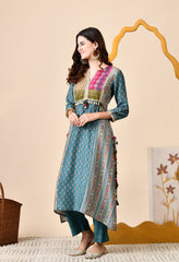 Luxurious Blue Muslin Silk Set with Brocade Banarasi Neckline and Tassels - Set of 2