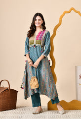 Luxurious Blue Muslin Silk Set with Brocade Banarasi Neckline and Tassels - Set of 2