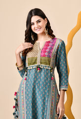 Luxurious Blue Muslin Silk Set with Brocade Banarasi Neckline and Tassels - Set of 2