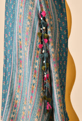 Luxurious Blue Muslin Silk Set with Brocade Banarasi Neckline and Tassels - Set of 2