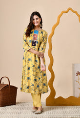 Luxurious Mustard Muslin Set with Patchwork - Set of 2