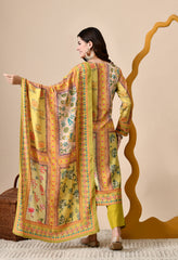 Mustard Muslin Digital Print Embroidered Suit - Set of 3