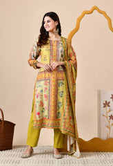 Mustard Muslin Digital Print Embroidered Suit - Set of 3