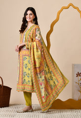 Mustard Muslin Digital Print Embroidered Suit - Set of 3
