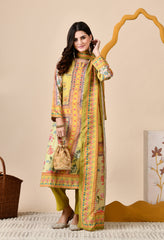 Mustard Muslin Digital Print Embroidered Suit - Set of 3