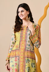 Mustard Muslin Digital Print Embroidered Suit - Set of 3