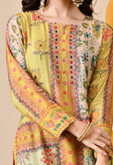 Mustard Muslin Digital Print Embroidered Suit - Set of 3