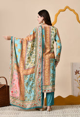 Blue Muslin Digital Print Embroidered Suit - Set of 3