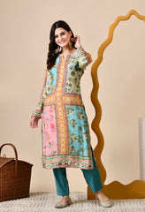 Blue Muslin Digital Print Embroidered Suit - Set of 3