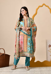 Blue Muslin Digital Print Embroidered Suit - Set of 3