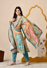 Blue Muslin Digital Print Embroidered Suit - Set of 3