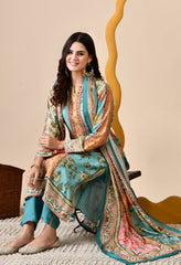 Blue Muslin Digital Print Embroidered Suit - Set of 3