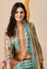 Blue Muslin Digital Print Embroidered Suit - Set of 3