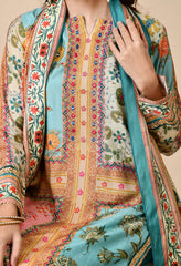 Blue Muslin Digital Print Embroidered Suit - Set of 3