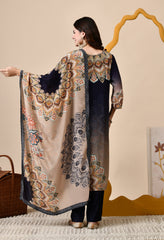 Navy Blue Crepe Digital Print Hand embroidered Suit - Set of 3